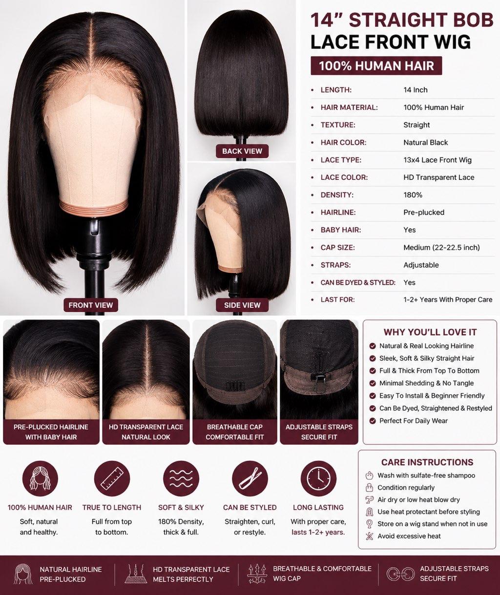 14” Straight Human Hair Bob Lace Front Wig – Natural Black