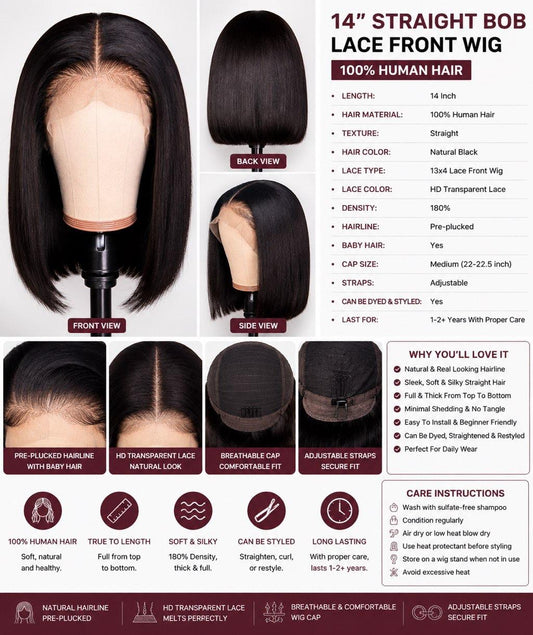 14” Straight Human Hair Bob Lace Front Wig – Natural Black