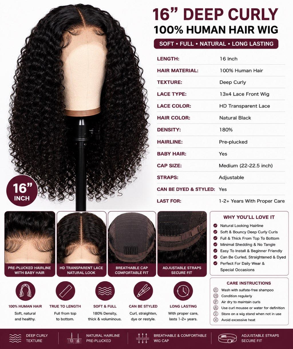 16” Deep Curly Human Hair Lace Front Wig – Natural Black